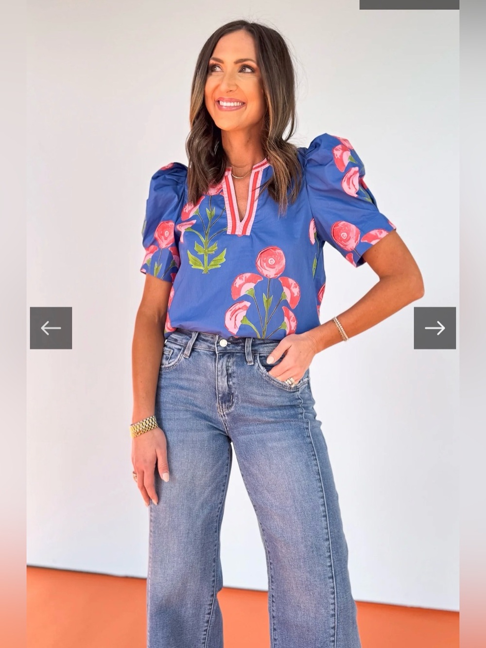 Entro Blue Floral Puff-Sleeve Blouse with Pink Trim Poplin Top Size Medium - Picture 2 of 10